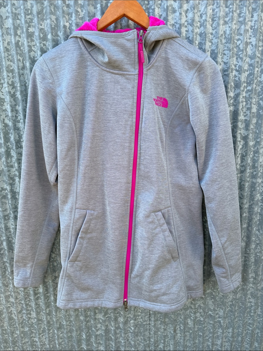 The North Face Gray Heathered Full-Zip Hooded Jacket with Bright Pink Contrast